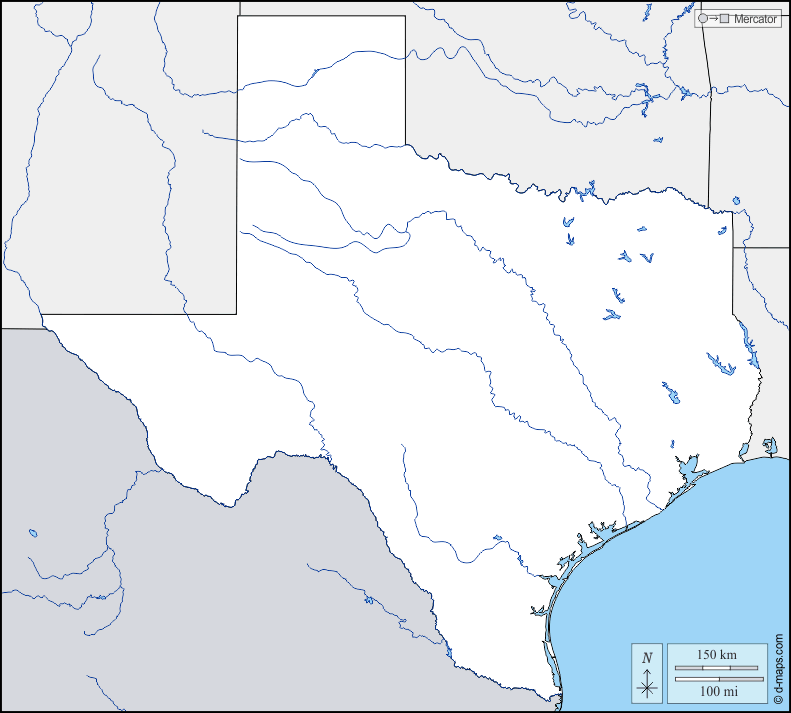 Texas : d-maps.com: mappa gratuita, mappa muta gratuita, cartina muta gratuita : frontiere, idrografia