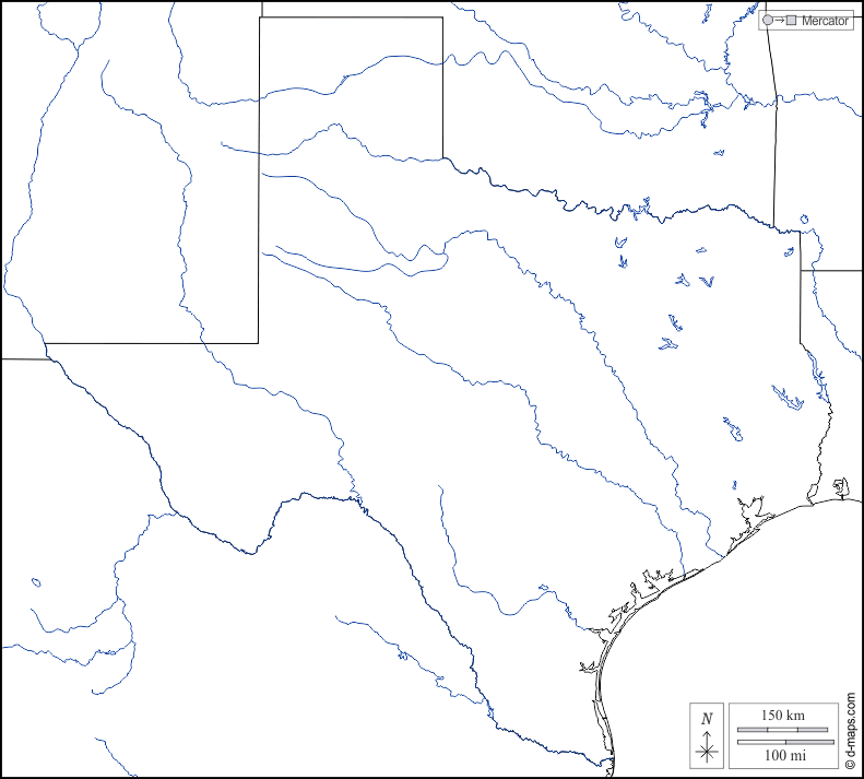 Texas : d-maps.com: mappa gratuita, mappa muta gratuita, cartina muta gratuita : frontiere, idrografia, bianco
