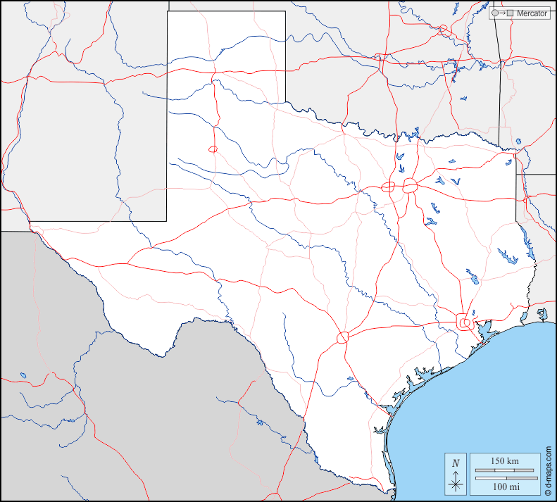 Texas : d-maps.com: mappa gratuita, mappa muta gratuita, cartina muta gratuita : frontiere, idrografia, strade
