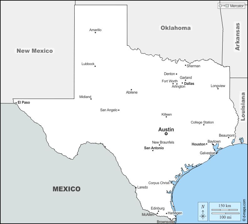 Texas : d-maps.com: mappa gratuita, mappa muta gratuita, cartina muta gratuita : frontiere, principali città, nomi