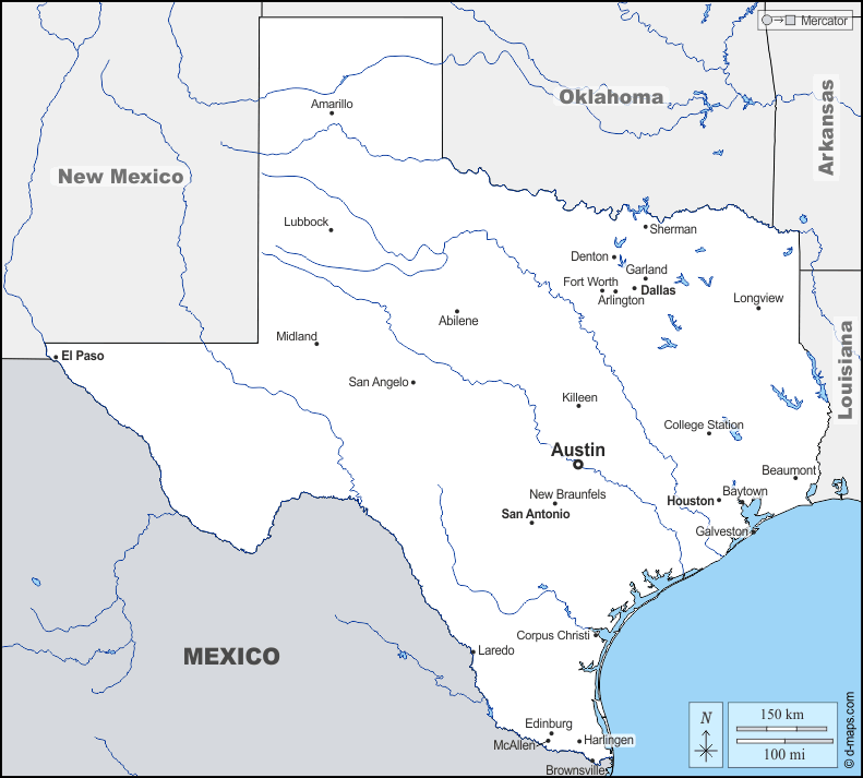 Texas : d-maps.com: mappa gratuita, mappa muta gratuita, cartina muta gratuita : frontiere, idrografia, principali città, nomi