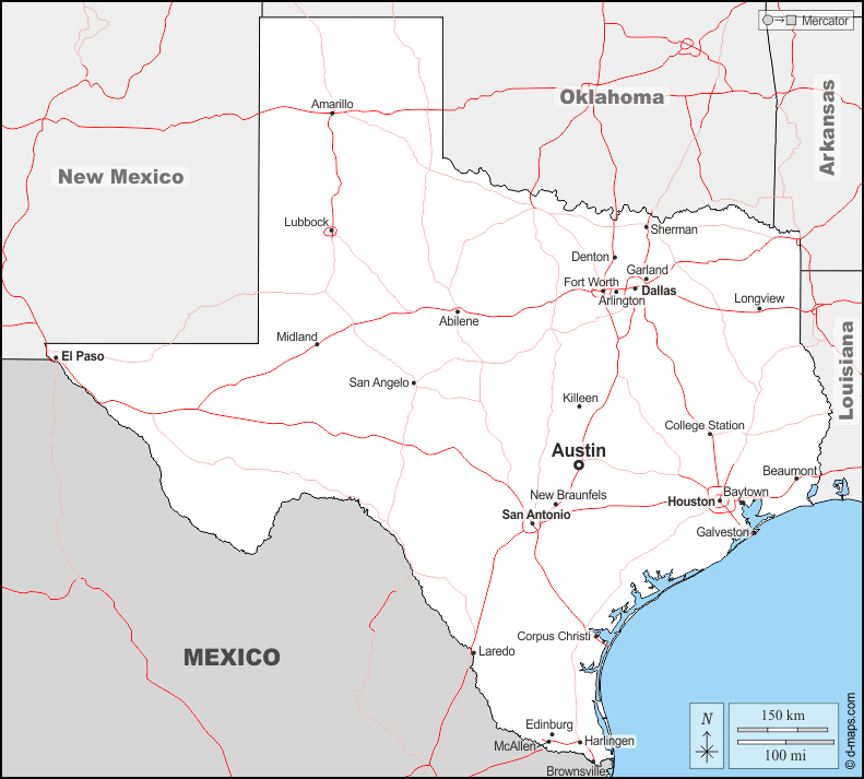 Texas : d-maps.com: mappa gratuita, mappa muta gratuita, cartina muta gratuita : frontiere, principali città, strade, nomi