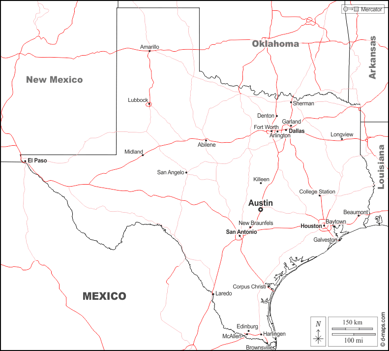 Texas : d-maps.com: mappa gratuita, mappa muta gratuita, cartina muta gratuita : frontiere, principali città, strade, nomi, bianco