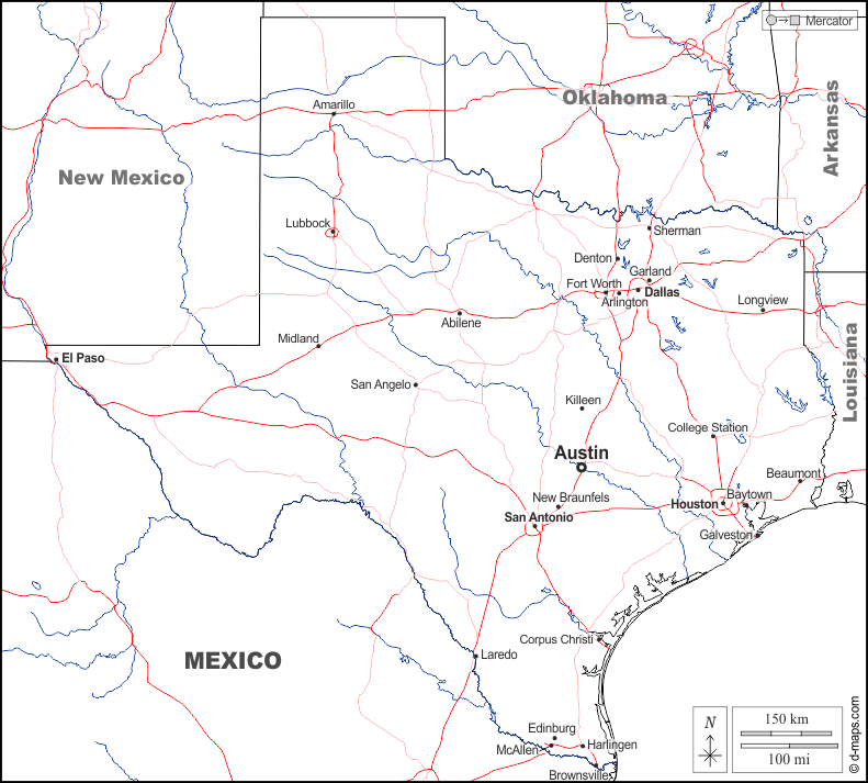 Texas : d-maps.com: mappa gratuita, mappa muta gratuita, cartina muta gratuita : frontiere, idrografia, principali città, strade, nomi, bianco
