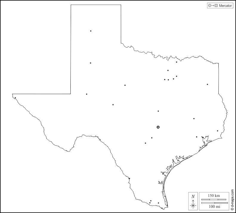 Texas : d-maps.com: mappa gratuita, mappa muta gratuita, cartina muta gratuita : contorni, principali città, bianco