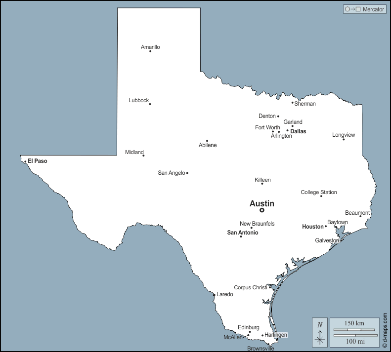 Texas : d-maps.com: mappa gratuita, mappa muta gratuita, cartina muta gratuita : contorni, principali città, nomi