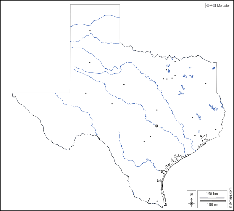Texas : d-maps.com: mappa gratuita, mappa muta gratuita, cartina muta gratuita : contorni, idrografia, principali città, bianco