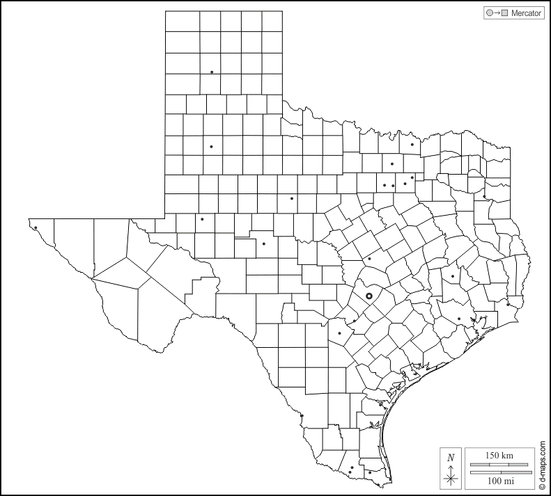 Texas : d-maps.com: mappa gratuita, mappa muta gratuita, cartina muta gratuita : contorni, contee, principali città, bianco