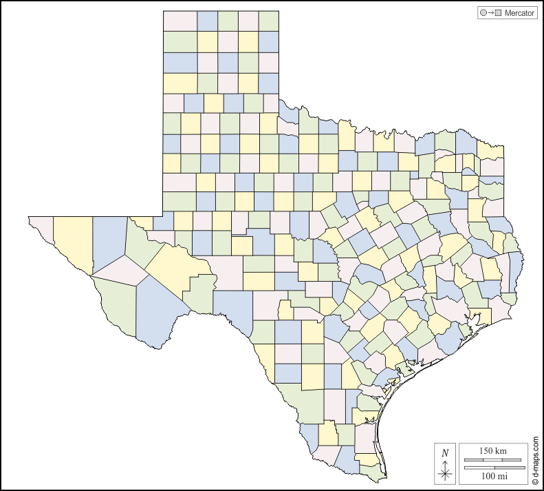 Texas : d-maps.com: mappa gratuita, mappa muta gratuita, cartina muta gratuita : contorni, contee, colore, bianco