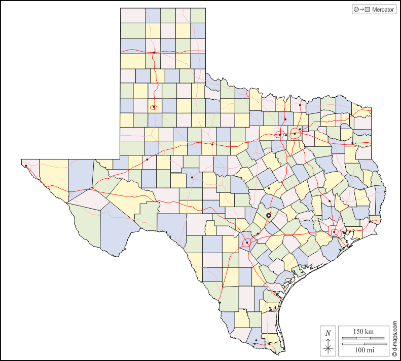 Texas : d-maps.com: mappa gratuita, mappa muta gratuita, cartina muta gratuita : contorni, contee, principali città, strade, colore, bianco