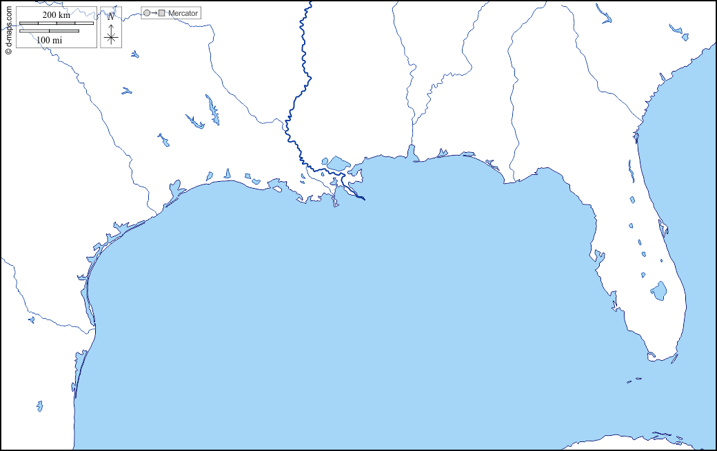Golfo del Messico : d-maps.com: mappa gratuita, mappa muta gratuita, cartina muta gratuita : litorali, idrografia