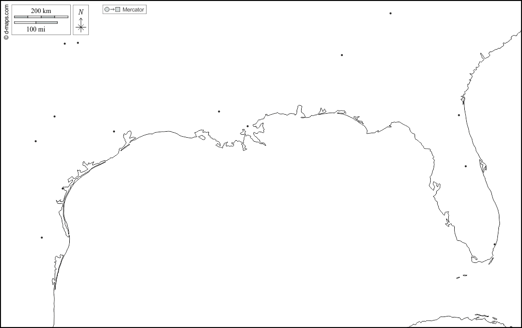 Golfo del Messico : d-maps.com: mappa gratuita, mappa muta gratuita, cartina muta gratuita : litorali, principali città, bianco