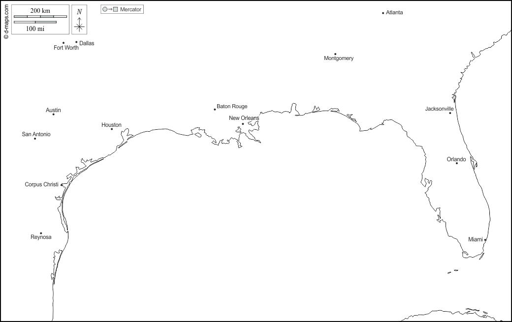 Golfo del Messico : d-maps.com: mappa gratuita, mappa muta gratuita, cartina muta gratuita : litorali, principali città, nomi, bianco