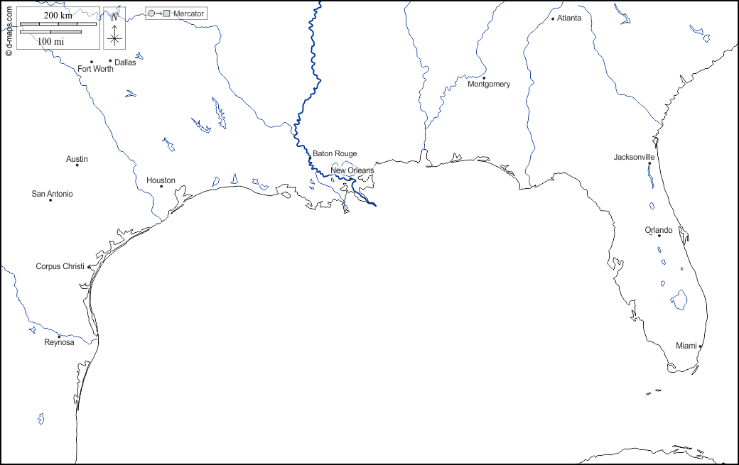 Golfo del Messico : d-maps.com: mappa gratuita, mappa muta gratuita, cartina muta gratuita : litorali, idrografia, principali città, nomi, bianco