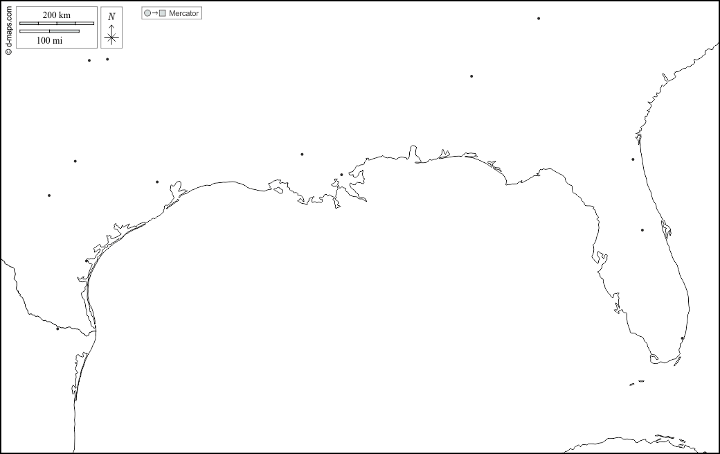 Golfo del Messico : d-maps.com: mappa gratuita, mappa muta gratuita, cartina muta gratuita : stati, principali città, bianco
