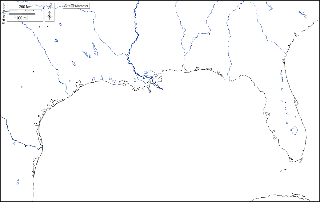 Golfo del Messico : d-maps.com: mappa gratuita, mappa muta gratuita, cartina muta gratuita : idrografia, stati, principali città, bianco