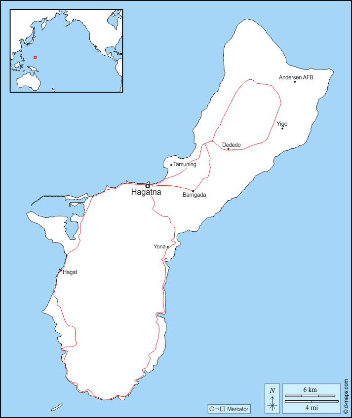 Guam : d-maps.com: mappa gratuita, mappa muta gratuita, cartina muta gratuita : frontiere, principali città, strade, nomi