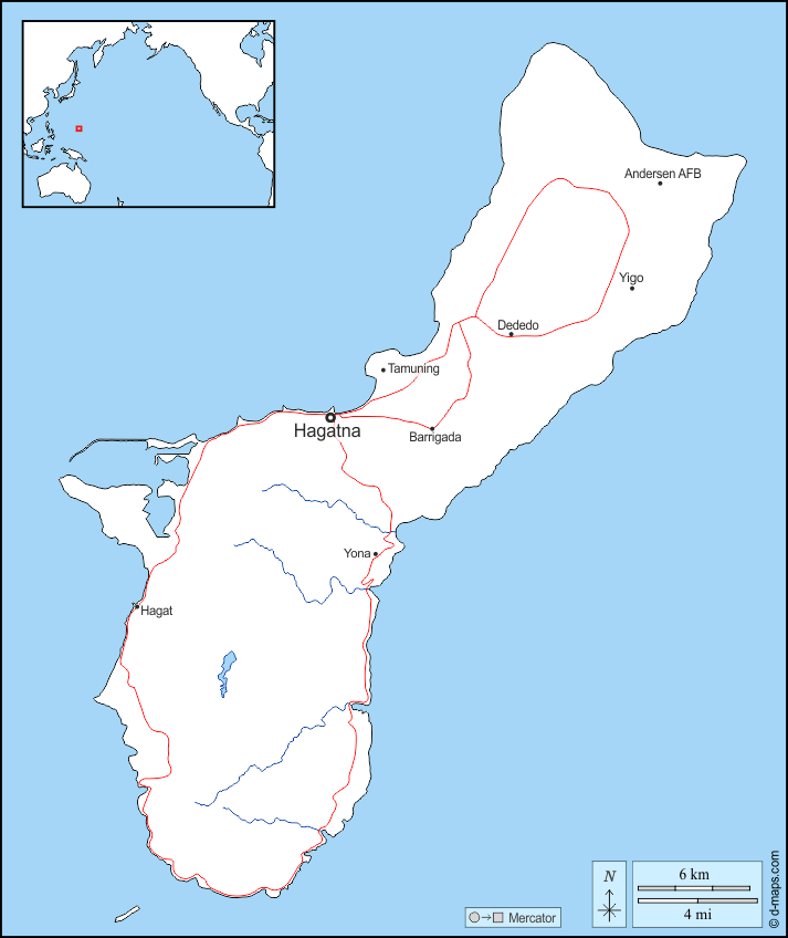 Guam : d-maps.com: mappa gratuita, mappa muta gratuita, cartina muta gratuita : frontiere, idrografia, principali città, strade, nomi