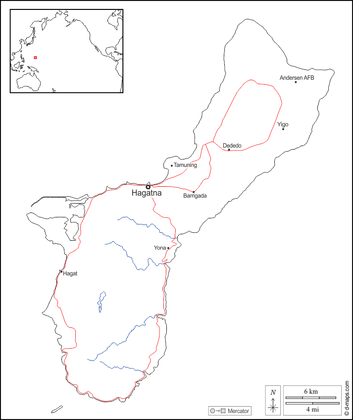 Guam : d-maps.com: mappa gratuita, mappa muta gratuita, cartina muta gratuita : frontiere, idrografia, principali città, strade, nomi, bianco