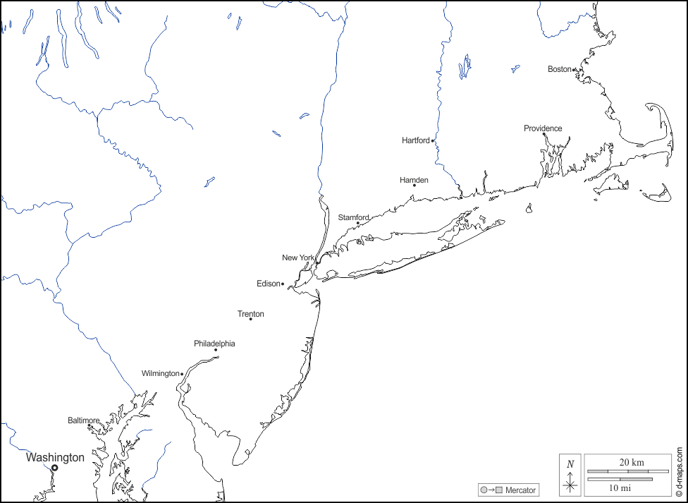 Megalopolis BosWash : d-maps.com: mappa gratuita, mappa muta gratuita, cartina muta gratuita : litorali, idrografia, principali città, nomi, bianco
