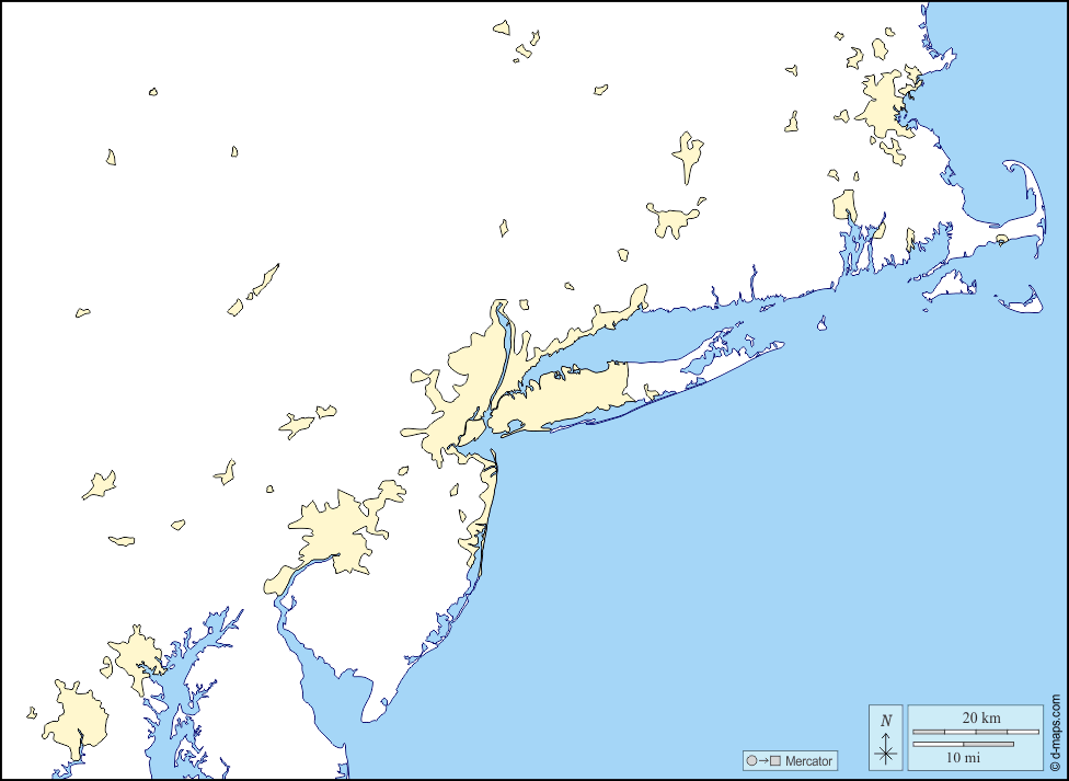 Megalopolis BosWash : d-maps.com: mappa gratuita, mappa muta gratuita, cartina muta gratuita : litorali, zone urbanizzate