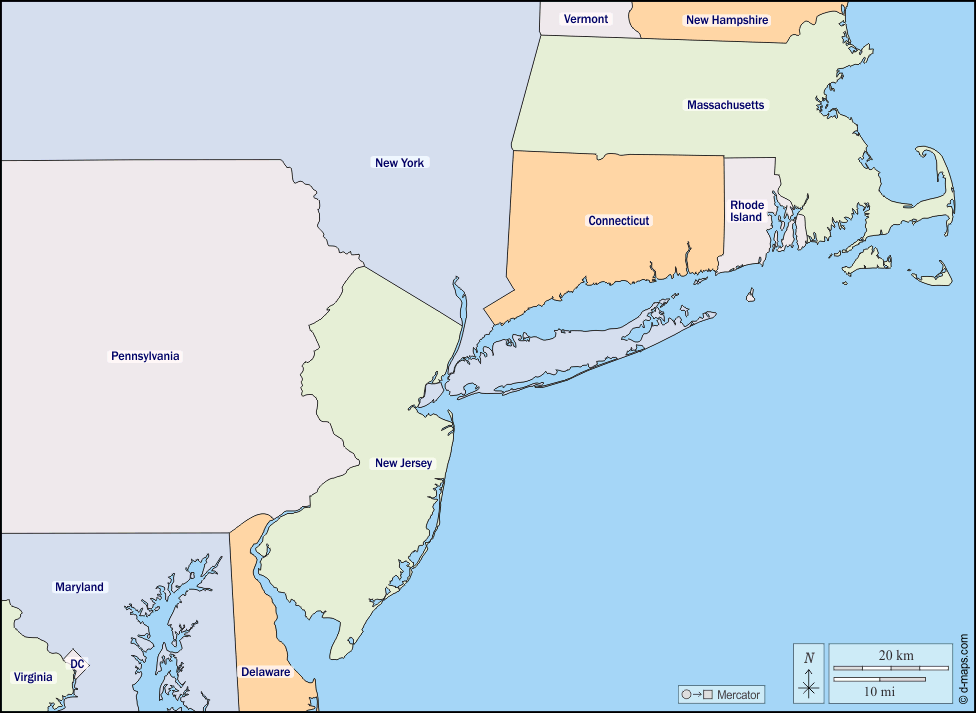 Megalopolis BosWash : d-maps.com: mappa gratuita, mappa muta gratuita, cartina muta gratuita : stati, nomi, colore