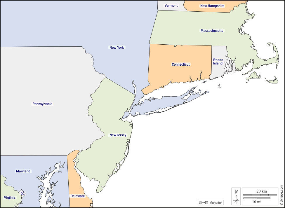 Megalopolis BosWash : d-maps.com: mappa gratuita, mappa muta gratuita, cartina muta gratuita : stati, nomi, colore, bianco