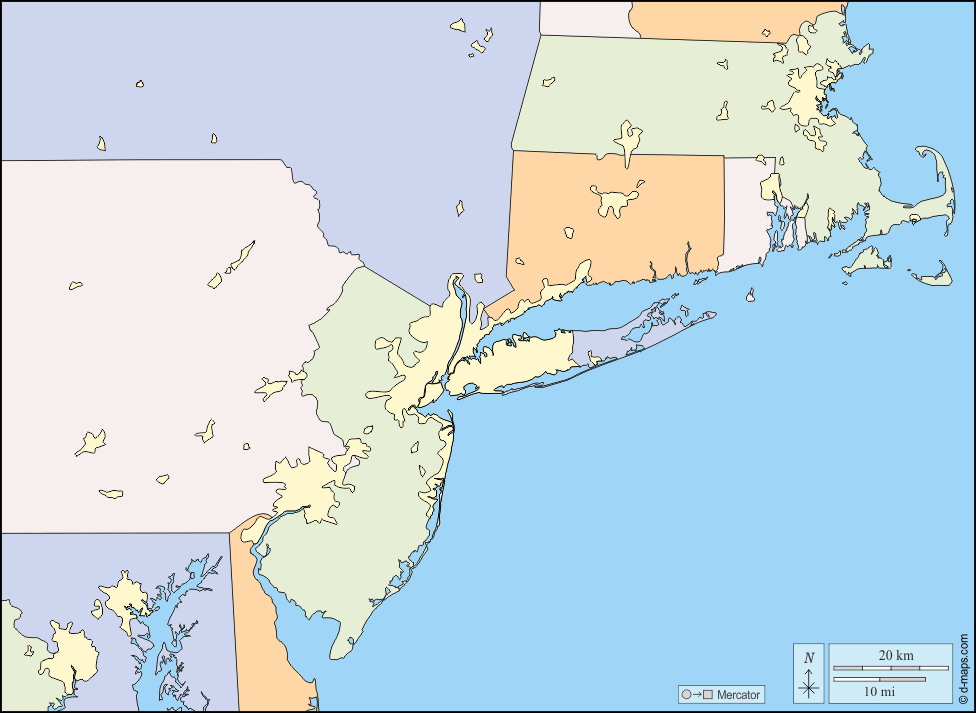 Megalopolis BosWash : d-maps.com: mappa gratuita, mappa muta gratuita, cartina muta gratuita : stati, zone urbanizzate, colore