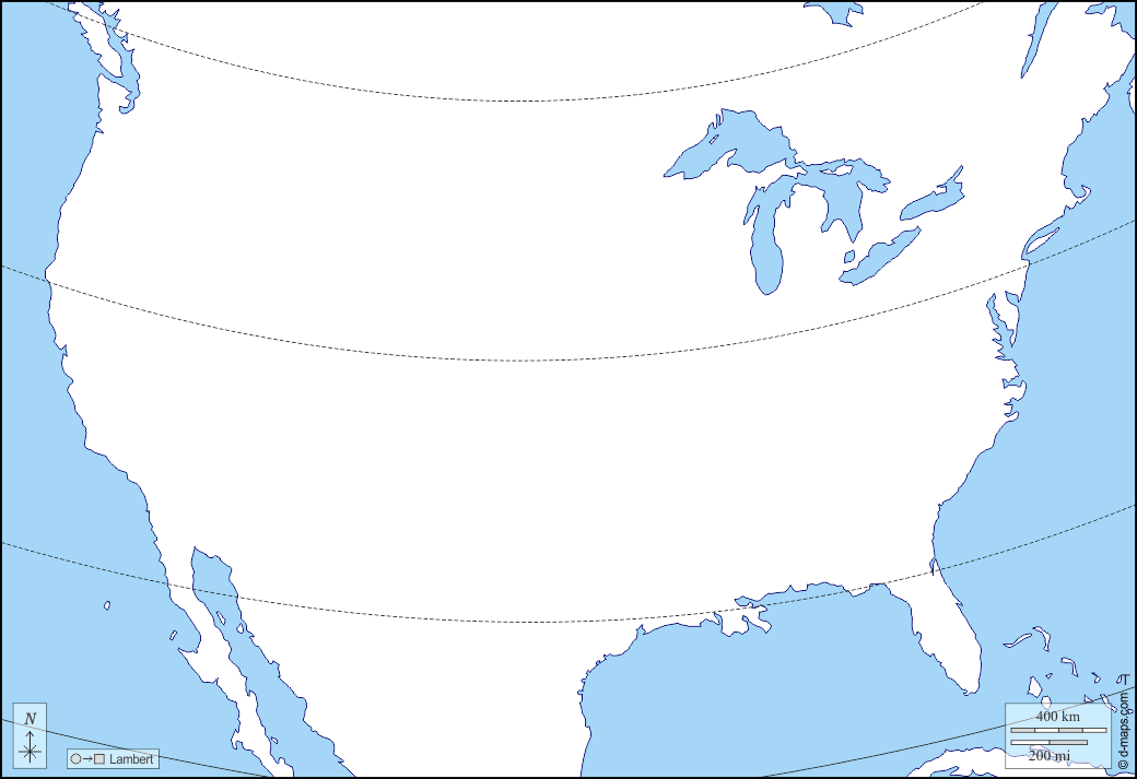 Stati Uniti (USA) : d-maps.com: mappa gratuita, mappa muta gratuita, cartina muta gratuita : litorali, latitudine