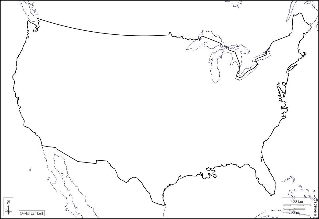 Stati Uniti (USA) : d-maps.com: mappa gratuita, mappa muta gratuita, cartina muta gratuita : litorali, limiti, bianco