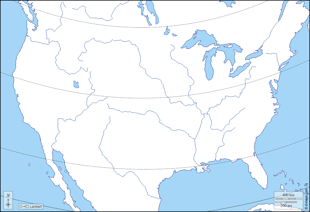 Stati Uniti (USA) : d-maps.com: mappa gratuita, mappa muta gratuita, cartina muta gratuita : litorali, idrografia, latitudine