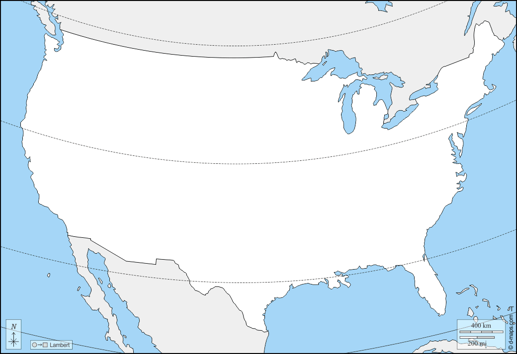 Stati Uniti (USA) : d-maps.com: mappa gratuita, mappa muta gratuita, cartina muta gratuita : frontiere, latitudine