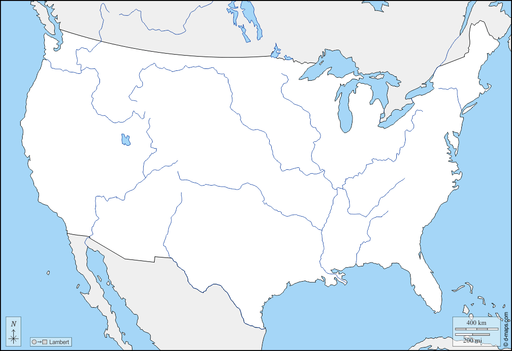 Stati Uniti (USA) : d-maps.com: mappa gratuita, mappa muta gratuita, cartina muta gratuita : frontiere, idrografia