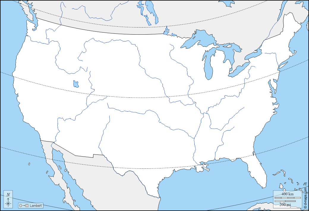 Vereinigte Staaten (USA) : d-maps.com: Kostenlose Karten, kostenlose stumme Karte, kostenlose unausgefüllt Landkarte, kostenlose hochauflösende Umrisskarte : Grenzen, Hydrografie, Breitengrad