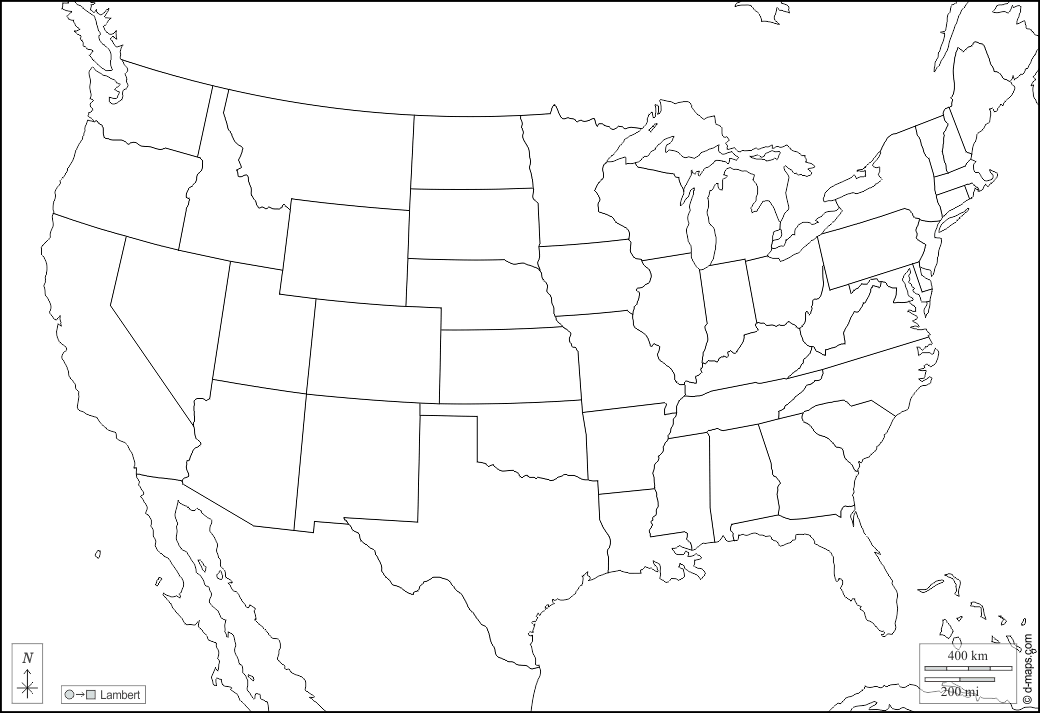 Stati Uniti (USA) : d-maps.com: mappa gratuita, mappa muta gratuita, cartina muta gratuita : frontiere, stati, bianco