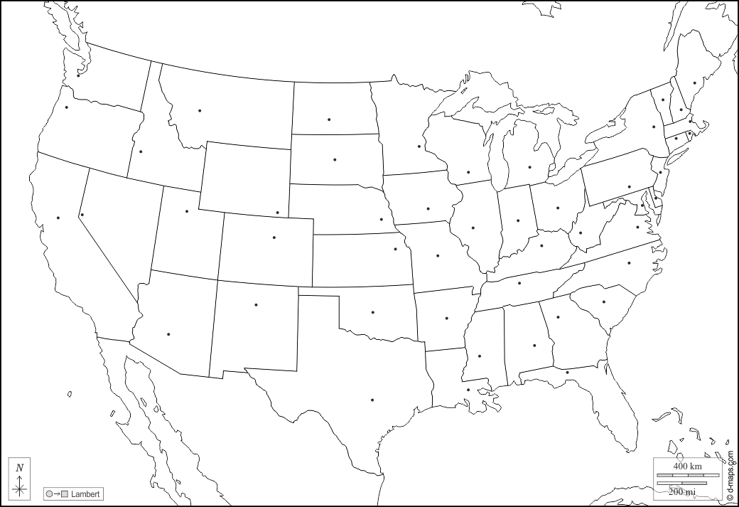 Stati Uniti (USA) : d-maps.com: mappa gratuita, mappa muta gratuita, cartina muta gratuita : frontiere, stati, capitali, bianco
