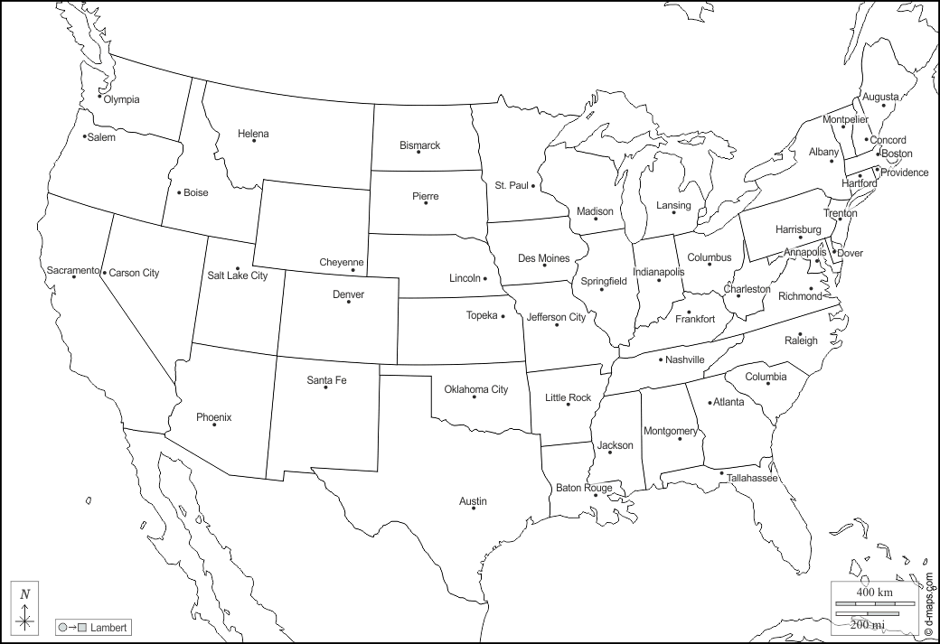 Stati Uniti (USA) : d-maps.com: mappa gratuita, mappa muta gratuita, cartina muta gratuita : frontiere, stati, capitali, nomi, bianco