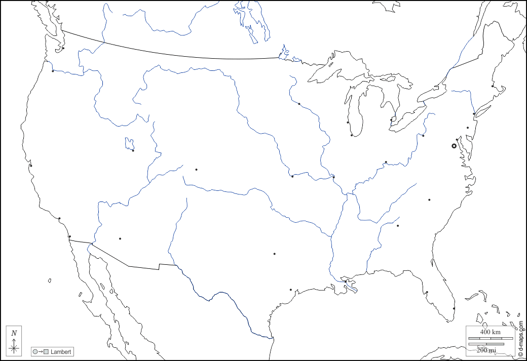 Stati Uniti (USA) : d-maps.com: mappa gratuita, mappa muta gratuita, cartina muta gratuita : frontiere, idrografia, principali città, bianco