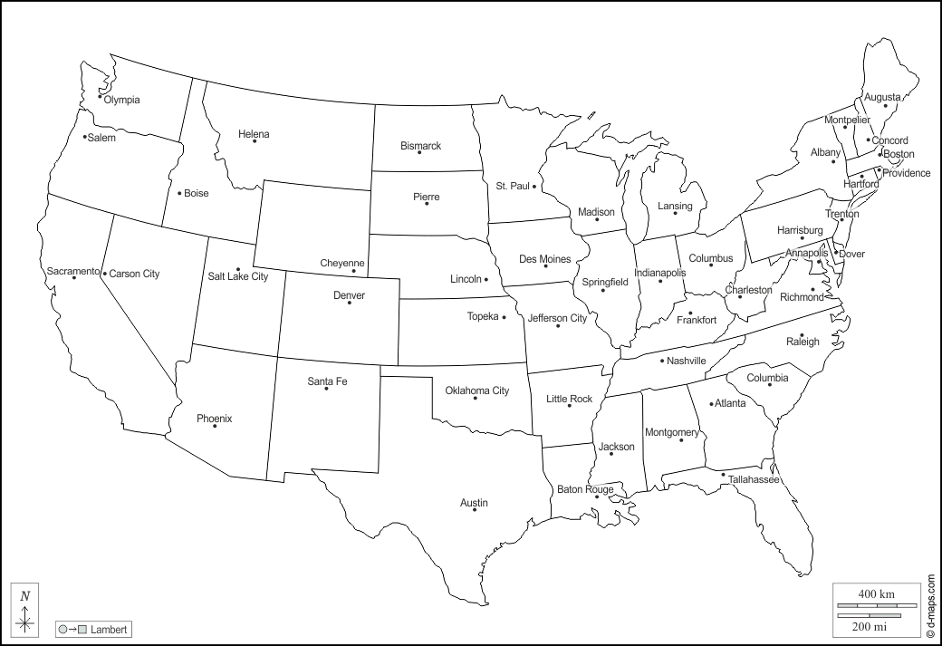 Stati Uniti (USA) : d-maps.com: mappa gratuita, mappa muta gratuita, cartina muta gratuita : contorni, stati, capitali, nomi, bianco