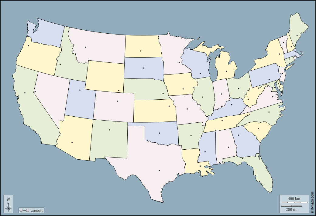 Stati Uniti (USA) : d-maps.com: mappa gratuita, mappa muta gratuita, cartina muta gratuita : contorni, stati, capitali, colore