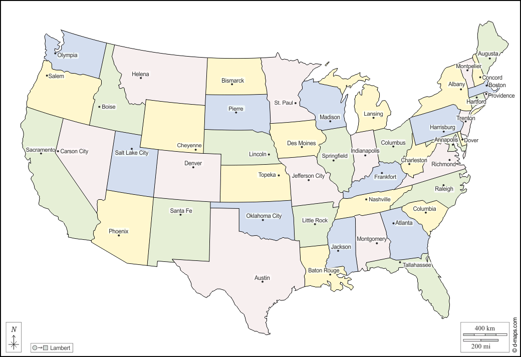 Stati Uniti (USA) : d-maps.com: mappa gratuita, mappa muta gratuita, cartina muta gratuita : contorni, stati, capitali, nomi, colore, bianco