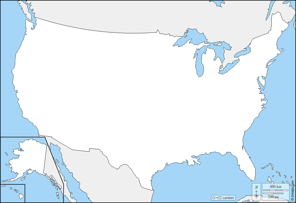 Stati Uniti con Alaska ed Hawaï : d-maps.com: mappa gratuita, mappa muta gratuita, cartina muta gratuita : frontiere