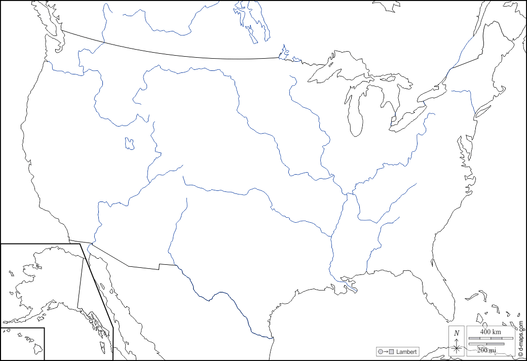 Stati Uniti con Alaska ed Hawaï : d-maps.com: mappa gratuita, mappa muta gratuita, cartina muta gratuita : frontiere, idrografia, bianco