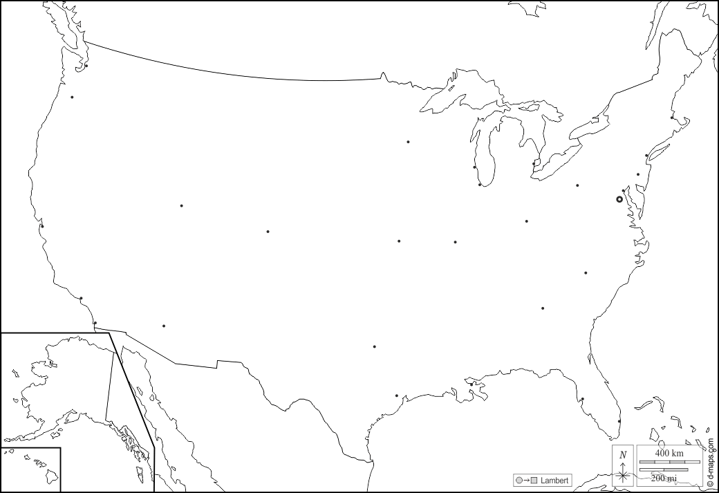 Stati Uniti con Alaska ed Hawaï : d-maps.com: mappa gratuita, mappa muta gratuita, cartina muta gratuita : frontiere, principali città, bianco