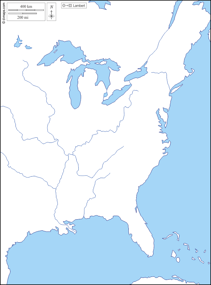 Litorale atlantico degli Stati Uniti : d-maps.com: mappa gratuita, mappa muta gratuita, cartina muta gratuita : litorali, idrografia