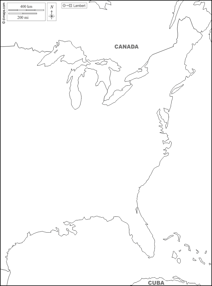 Litorale atlantico degli Stati Uniti : d-maps.com: mappa gratuita, mappa muta gratuita, cartina muta gratuita : frontiere, nomi, bianco