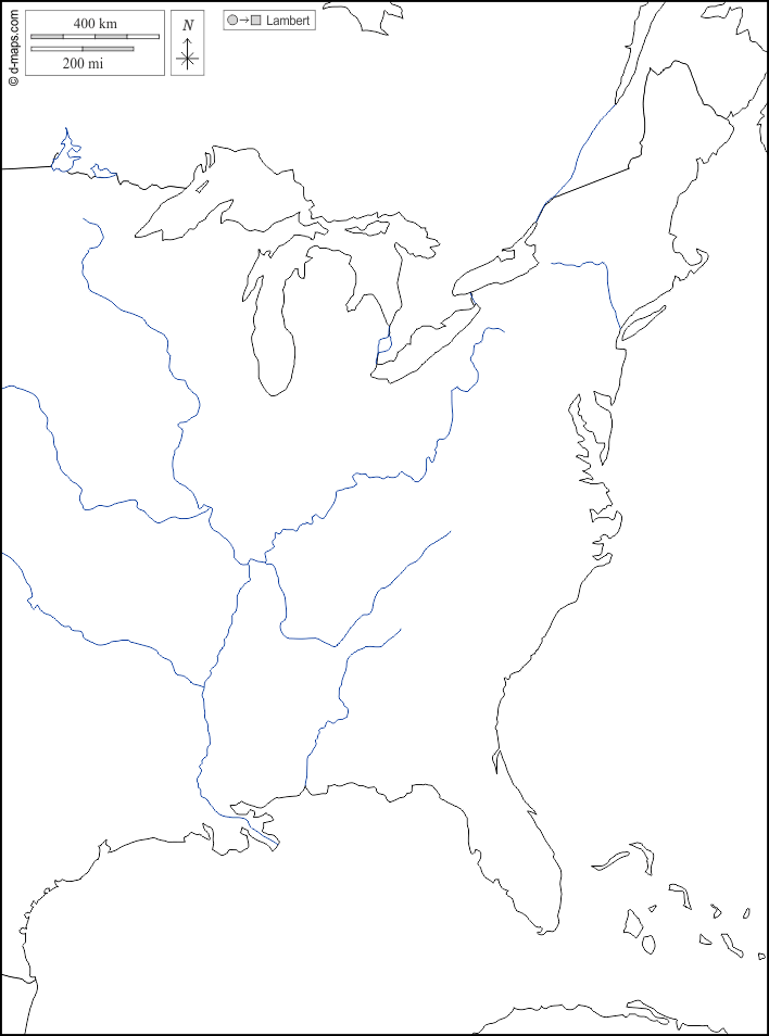 Litorale atlantico degli Stati Uniti : d-maps.com: mappa gratuita, mappa muta gratuita, cartina muta gratuita : frontiere, idrografia, bianco