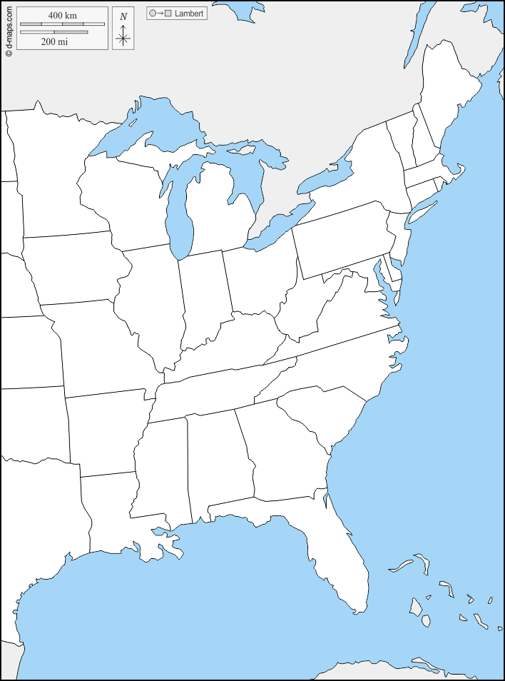 Litorale atlantico degli Stati Uniti : d-maps.com: mappa gratuita, mappa muta gratuita, cartina muta gratuita : frontiere, stati