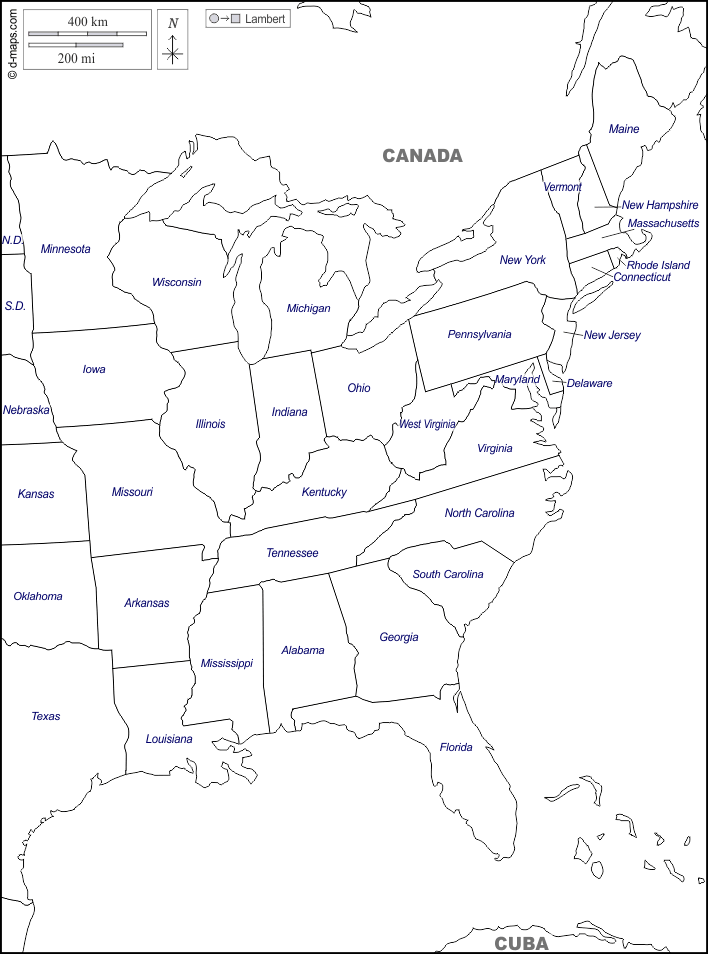 Litorale atlantico degli Stati Uniti : d-maps.com: mappa gratuita, mappa muta gratuita, cartina muta gratuita : frontiere, stati, nomi, bianco