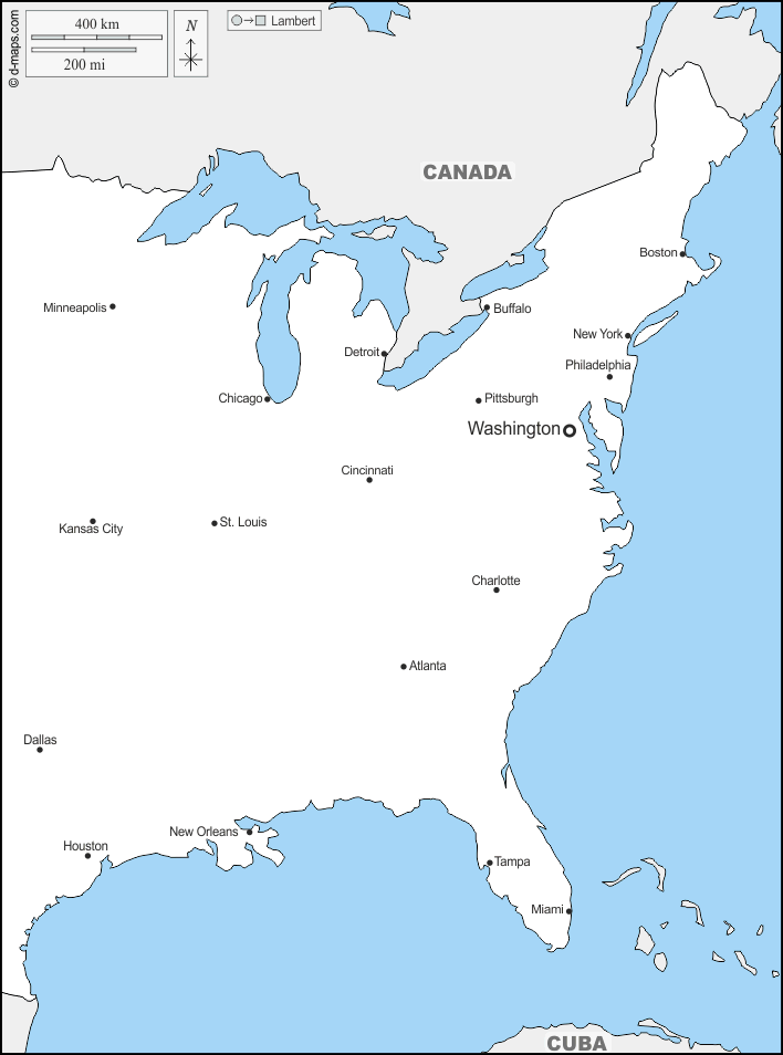 Litorale atlantico degli Stati Uniti : d-maps.com: mappa gratuita, mappa muta gratuita, cartina muta gratuita : frontiere, principali città, nomi